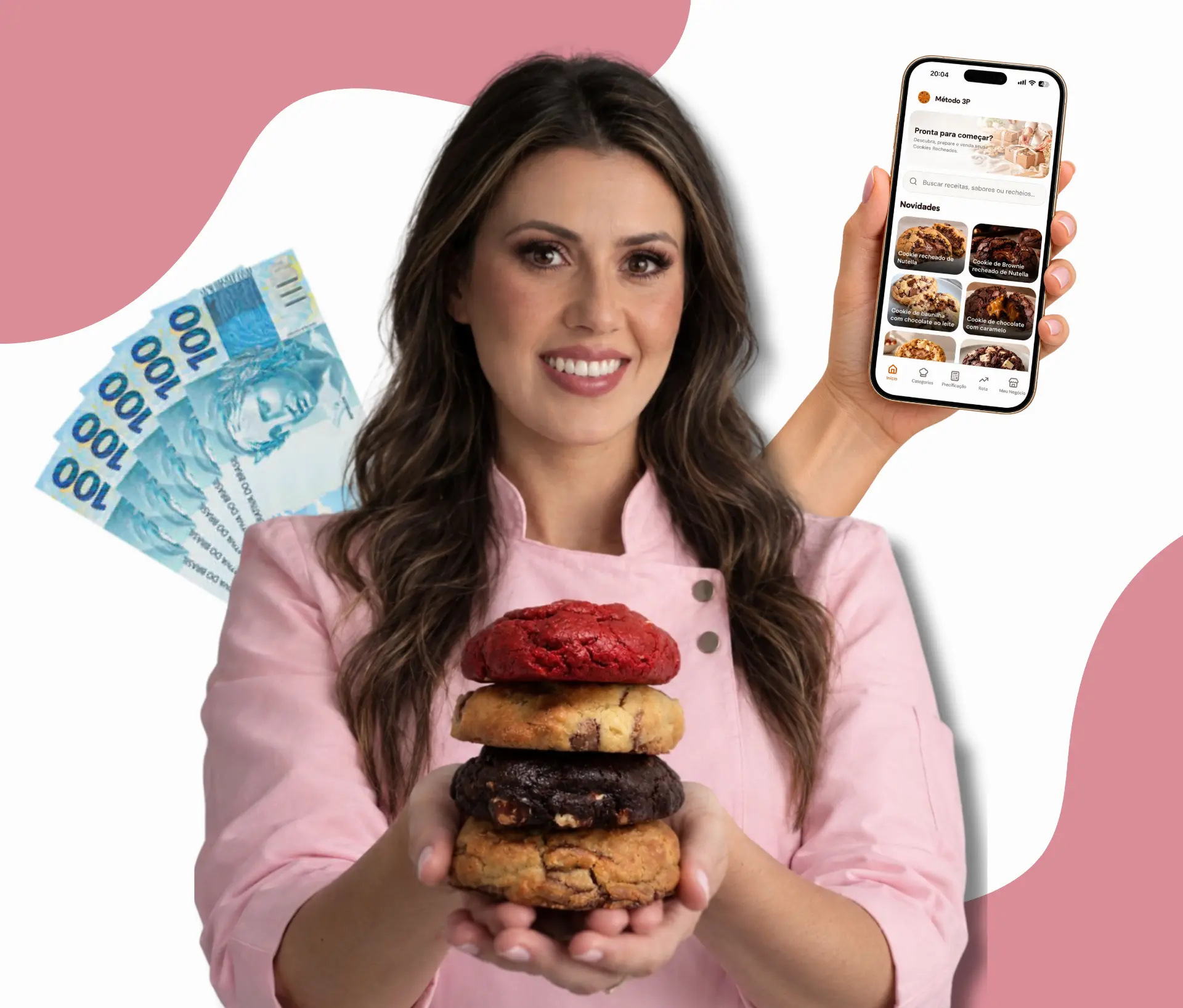 Confeiteira sorrindo segurando uma pilha de cookies recheados, ao lado de notas de dinheiro e de um celular com o aplicativo Método 3P