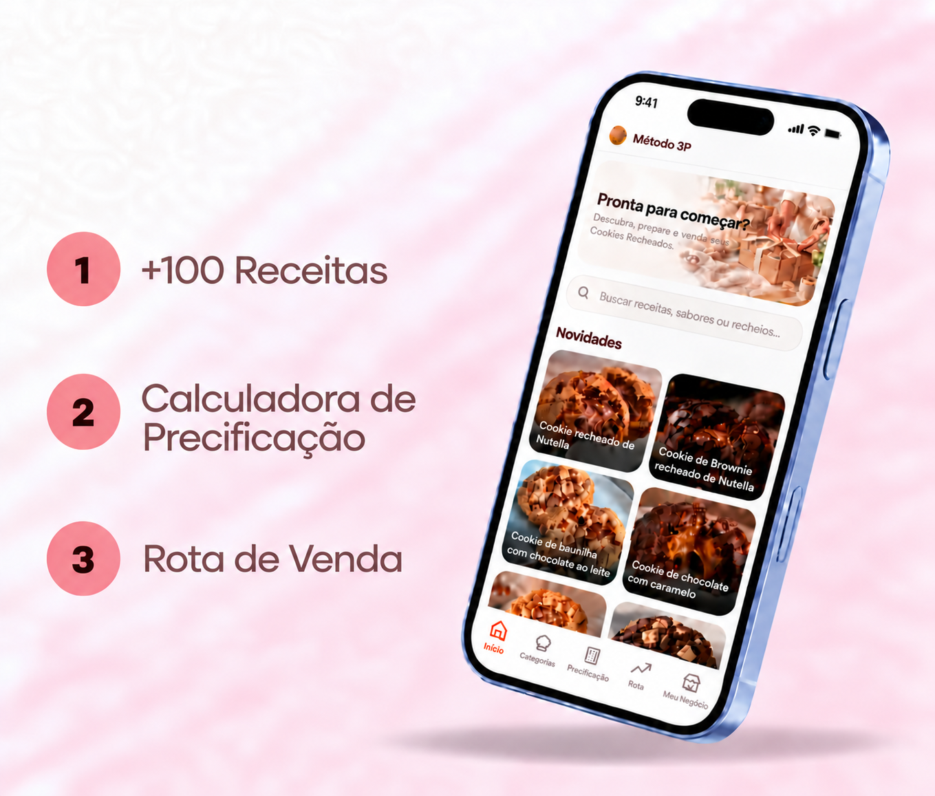 Demonstração do aplicativo: mais de 100 receitas, calculadora de precificação e rota de venda